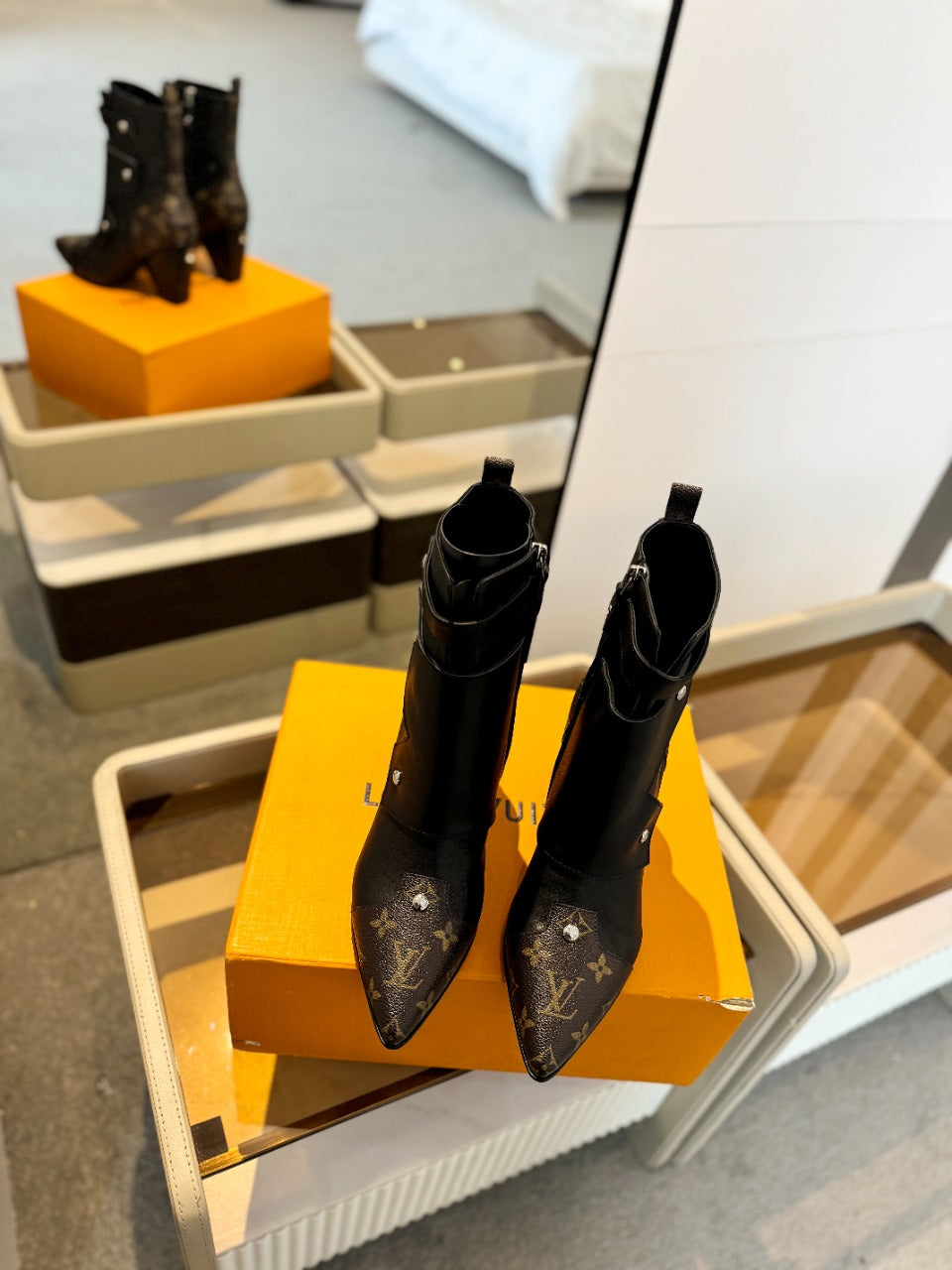 LV Trinity Ankle Boot 75mm Black Mix Dark Brown Monogram Calfskin