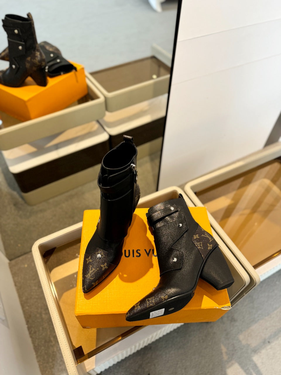 LV Trinity Ankle Boot 75mm Black Mix Dark Brown Monogram Calfskin