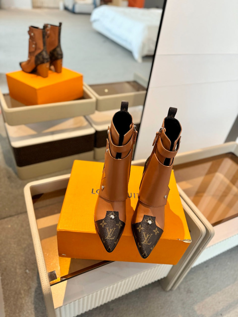 LV Trinity Ankle Boot 75mm Orange Brown Monogram Calfskin