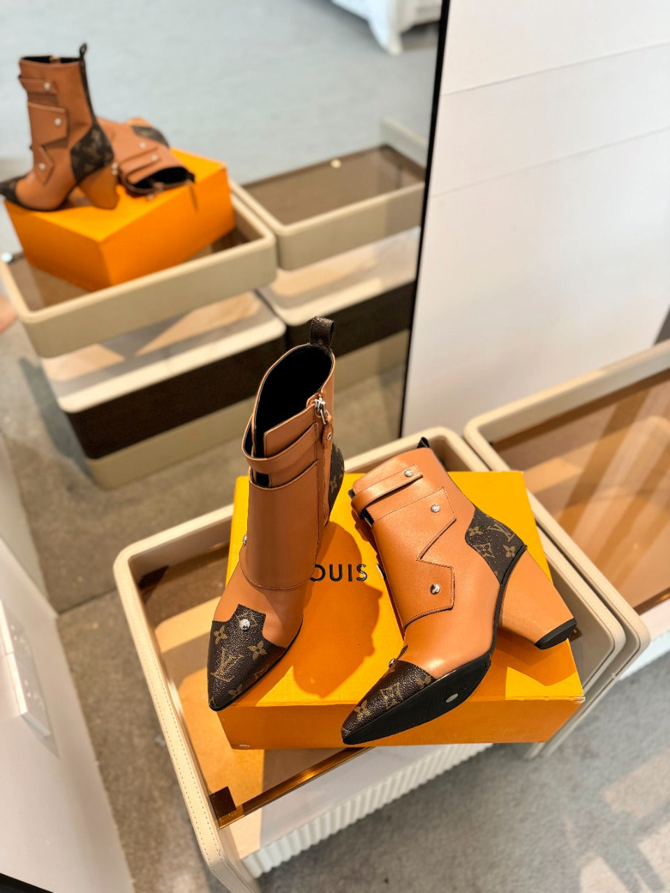 LV Trinity Ankle Boot 75mm Orange Brown Monogram Calfskin