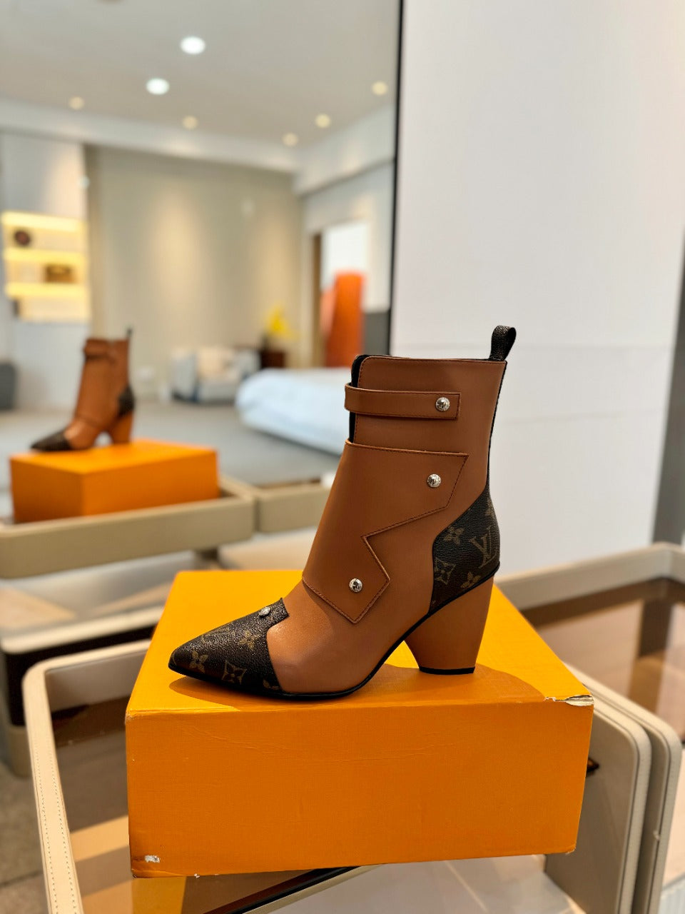 LV Trinity Ankle Boot 75mm Orange Brown Monogram Calfskin