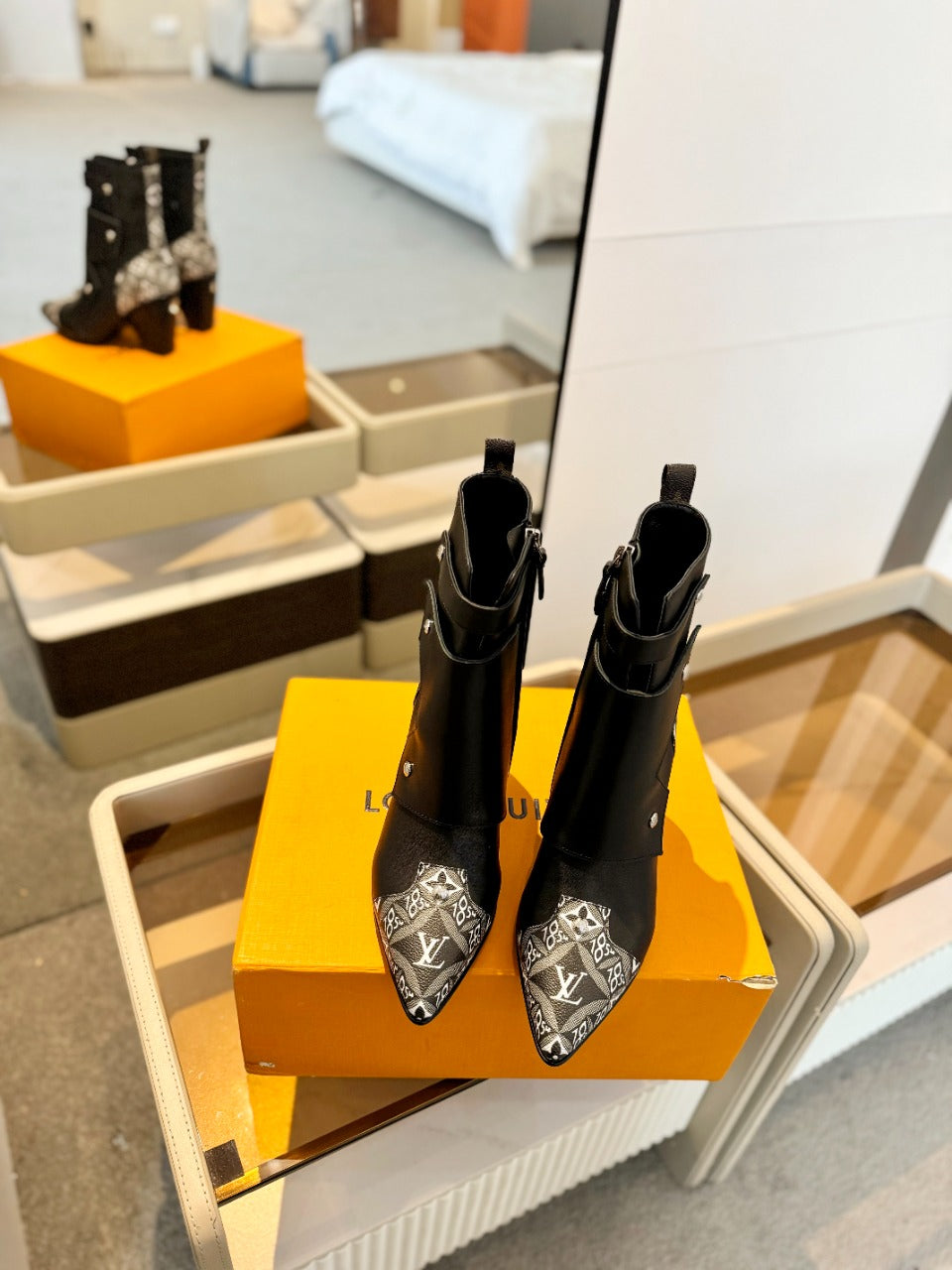LV Trinity Ankle Boot 75mm Black Mix White Monogram Calfskin