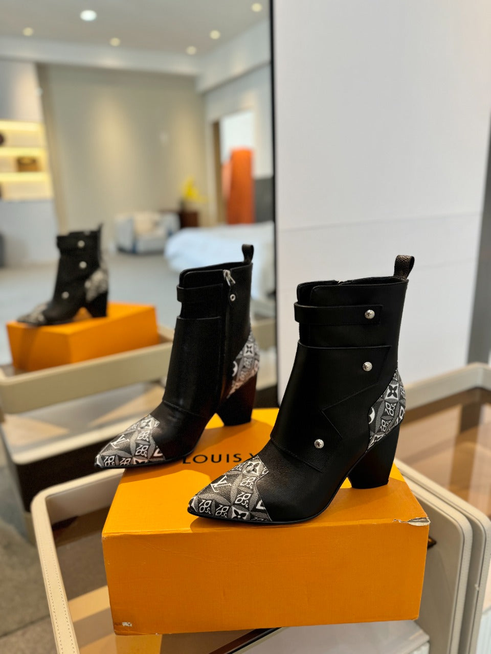 LV Trinity Ankle Boot 75mm Black Mix White Monogram Calfskin