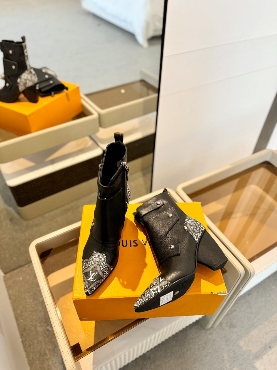 LV Trinity Ankle Boot 75mm Black Mix White Monogram Calfskin