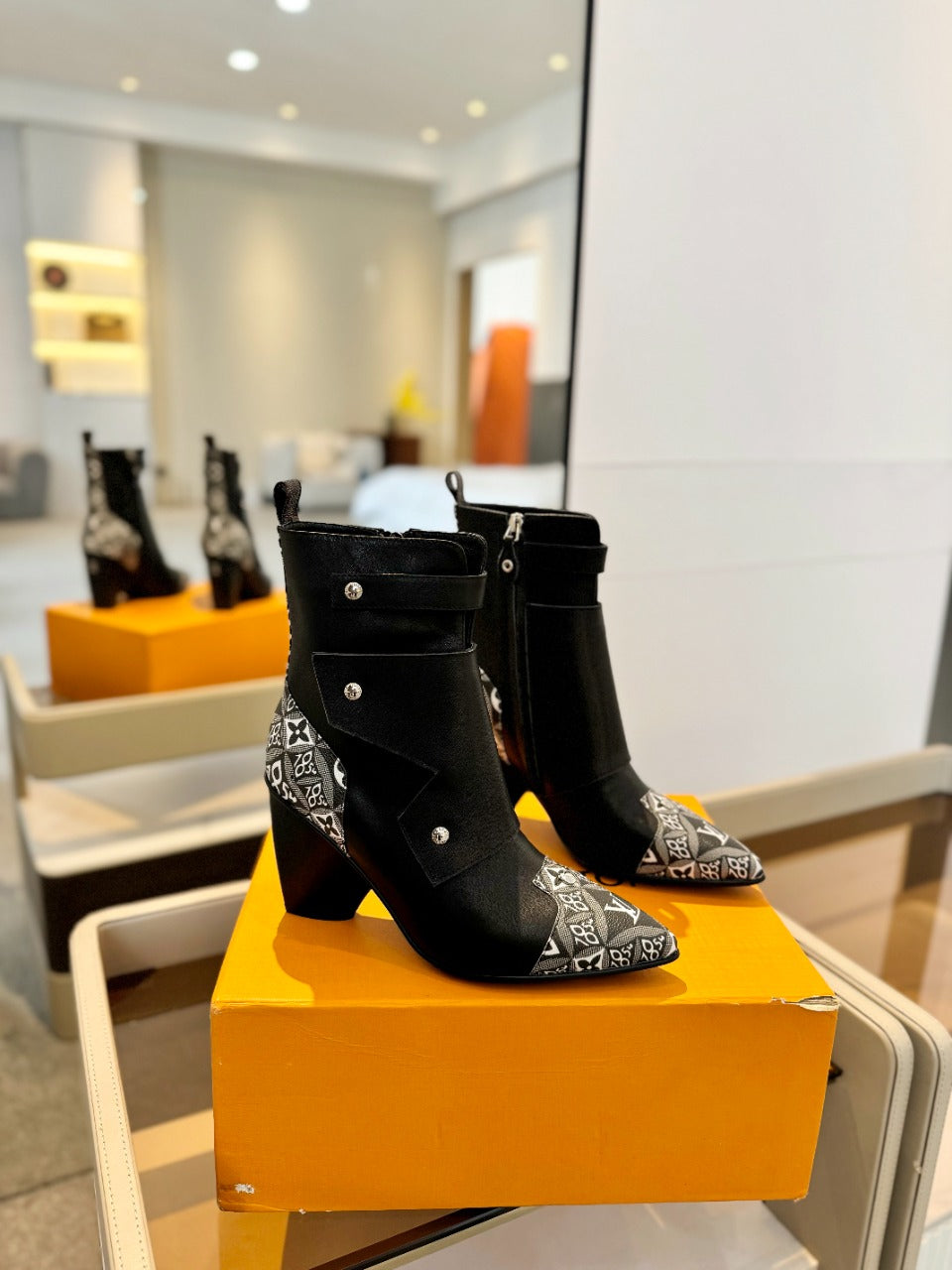 LV Trinity Ankle Boot 75mm Black Mix White Monogram Calfskin