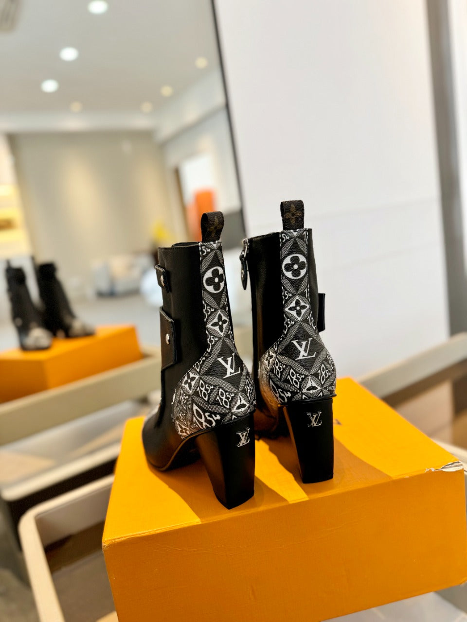 LV Trinity Ankle Boot 75mm Black Mix White Monogram Calfskin