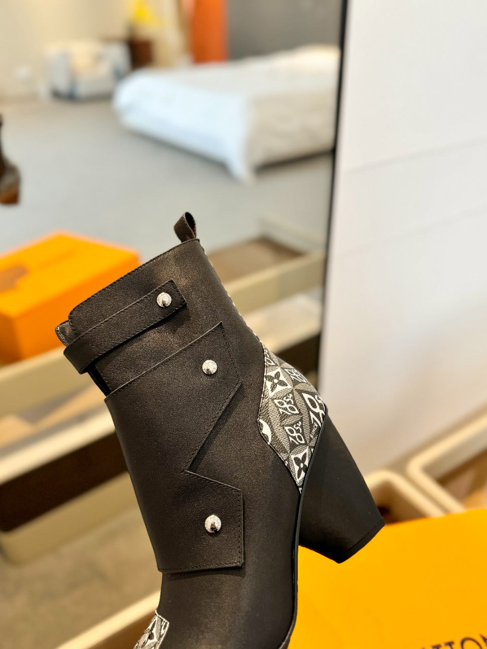 LV Trinity Ankle Boot 75mm Black Mix White Monogram Calfskin