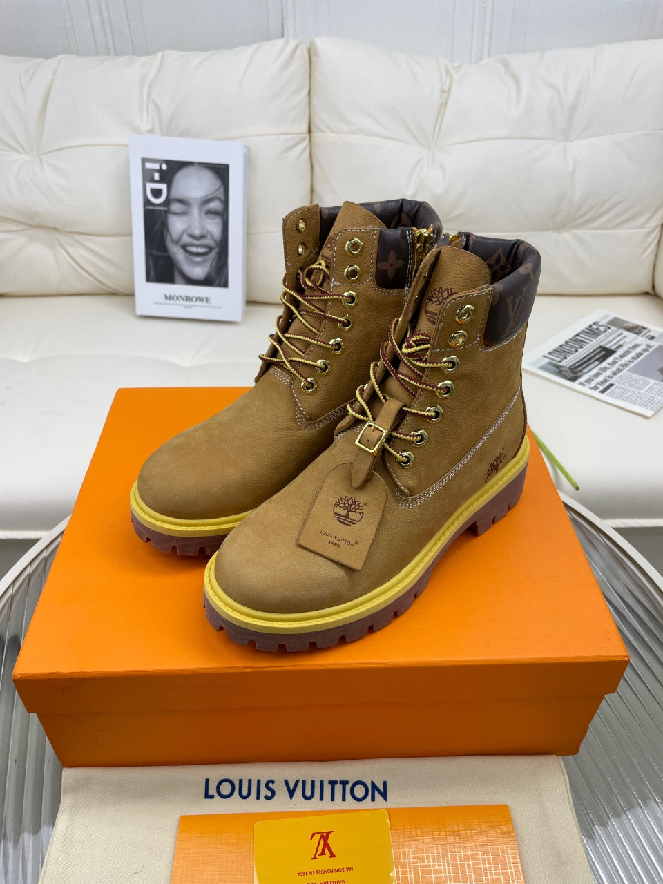 LV x Timberland Ankle Boot 50mm Brown Yellow Nubuck Leather